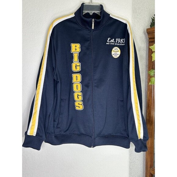 Big Dogs Jacket Mens Large Blue Yellow Varsity Bomber Patches Spellout Coat - Picture 1 of 14